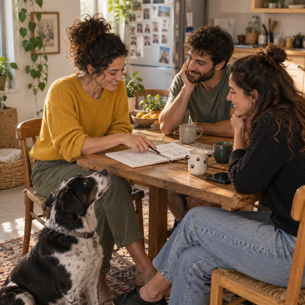 איילת יושבת ליד שולחן המטבח עם זוג ומחברת פתוחה, והכלב שלהם לרגליהם