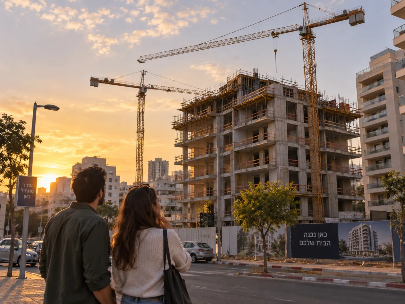 בניין מגורים בבנייה עם עגורן בשקיעה