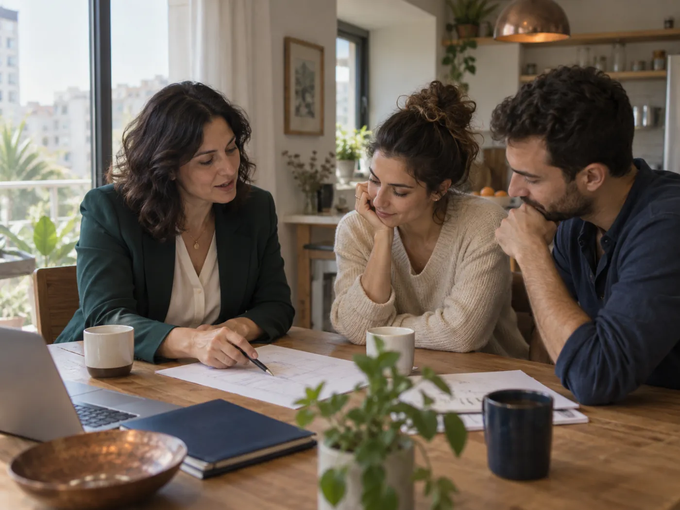 נטע יושבת עם זוג צעיר ליד שולחן ומסבירה על דף