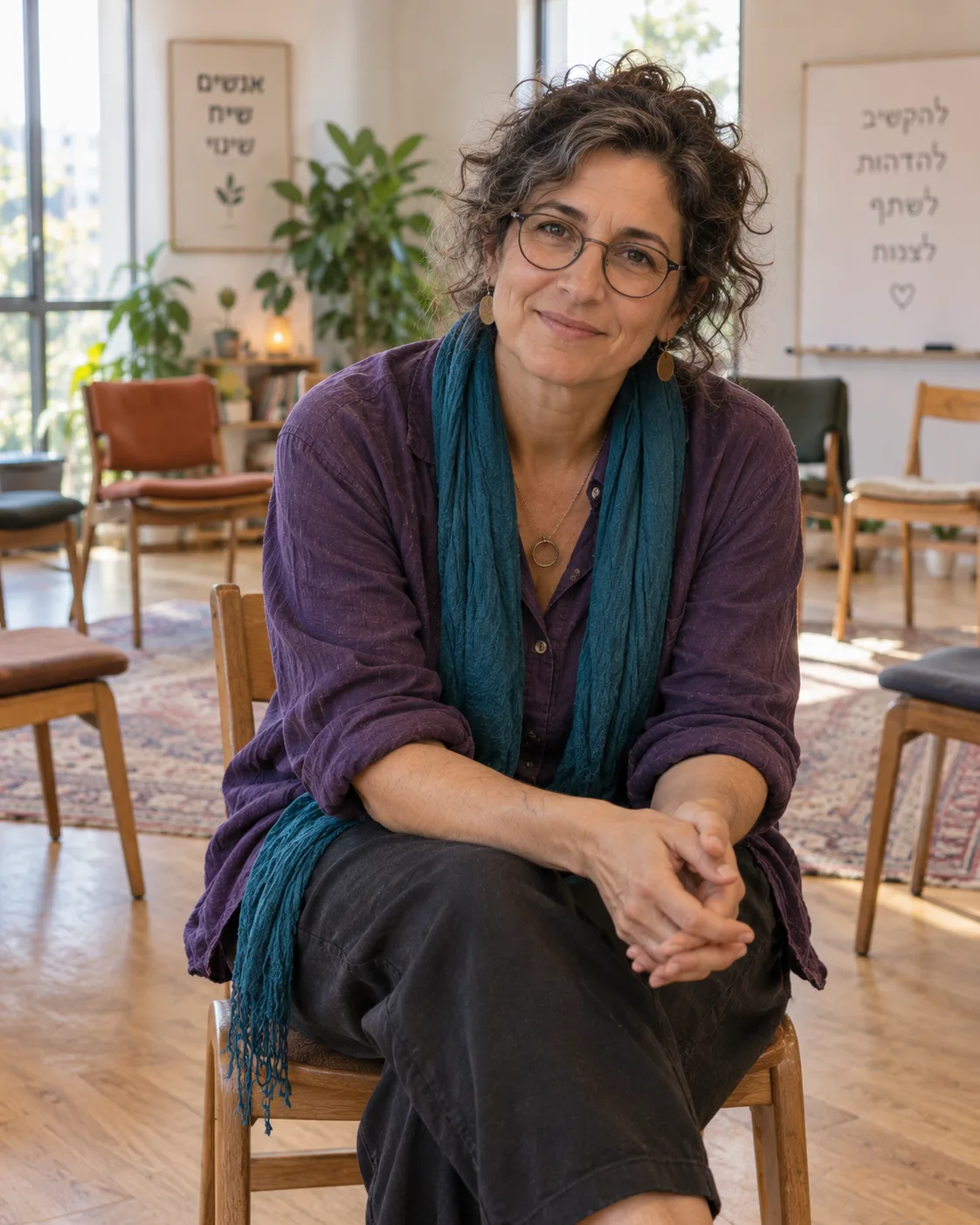 נועה שקד יושבת על כיסא עץ בחדר סדנאות מואר ומחייכת