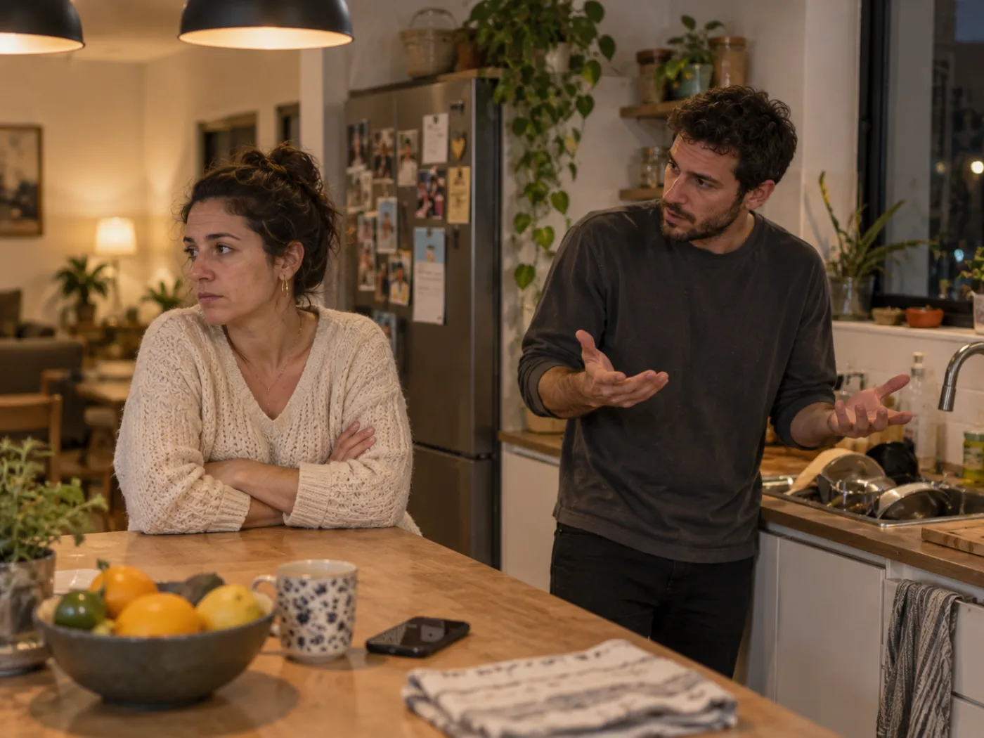 בני זוג במטבח באמצע ויכוח, כל אחד מסתכל לכיוון אחר