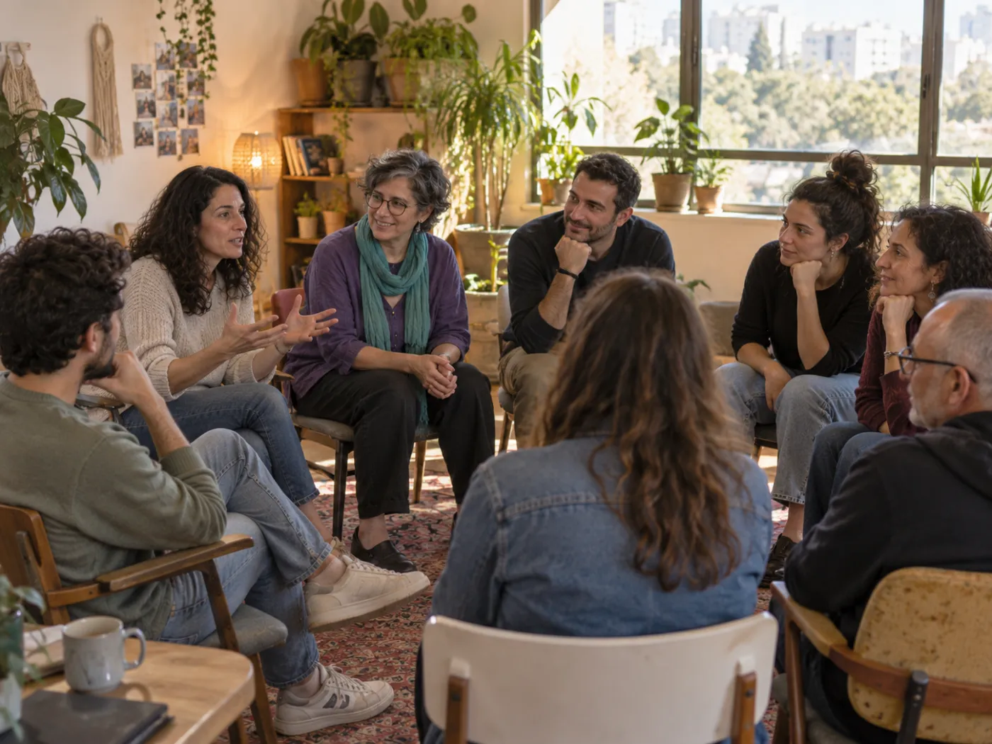 קבוצה קטנה יושבת במעגל על כיסאות ומקשיבה