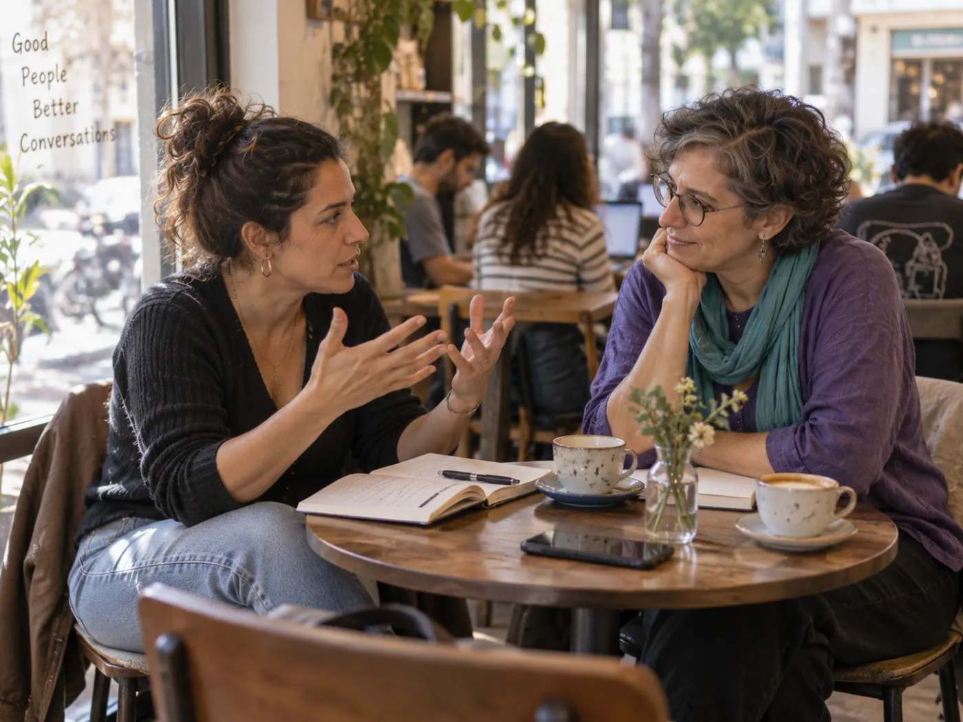 שתי נשים יושבות מול שולחן בבית קפה ומתרגלות שיחה
