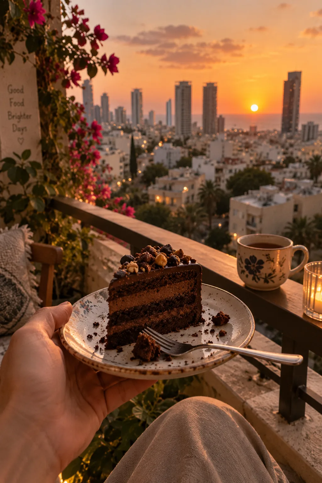 יד מחזיקה צלחת עם פרוסת עוגת שוקולד במרפסת מול שקיעה